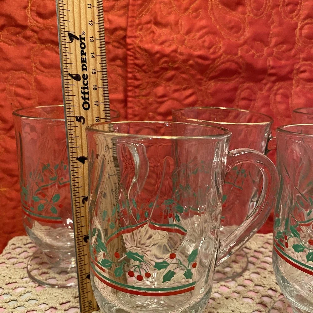 Libbey Christmas Holly and Ribbon Irish Coffee or Tea Glass‎ Mug Cup Set of 5